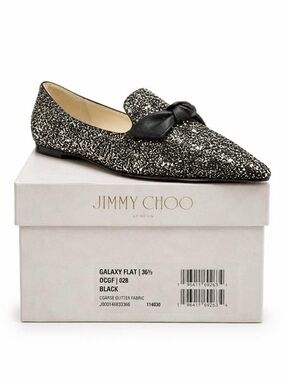Jimmy Choo Black Glitter Pointed Bow‎ Flat